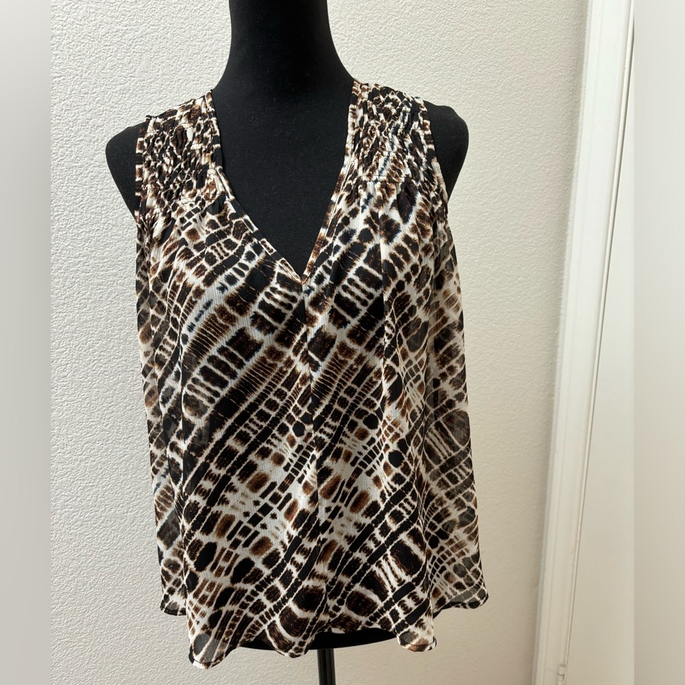 Banana Republic sheer giraffe print top, medium M, sleeveless boxy brown‎